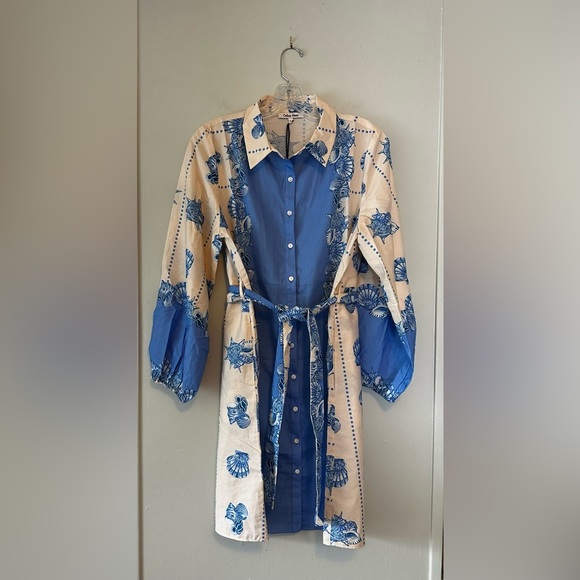 Celina Moon Shell Print Belted Shirt Dress Blue White Size Large NWT - Picture 4 of 5